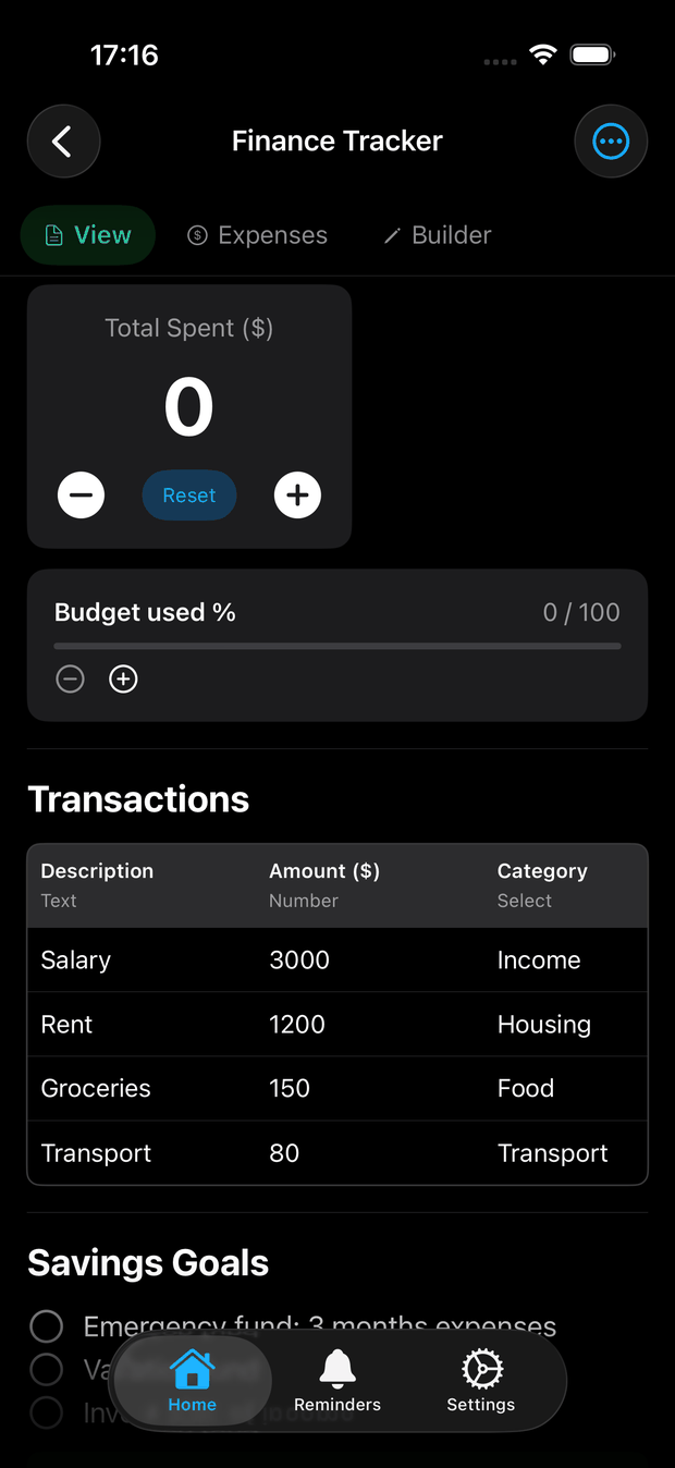 A Nestriq finance tracker page built from blocks