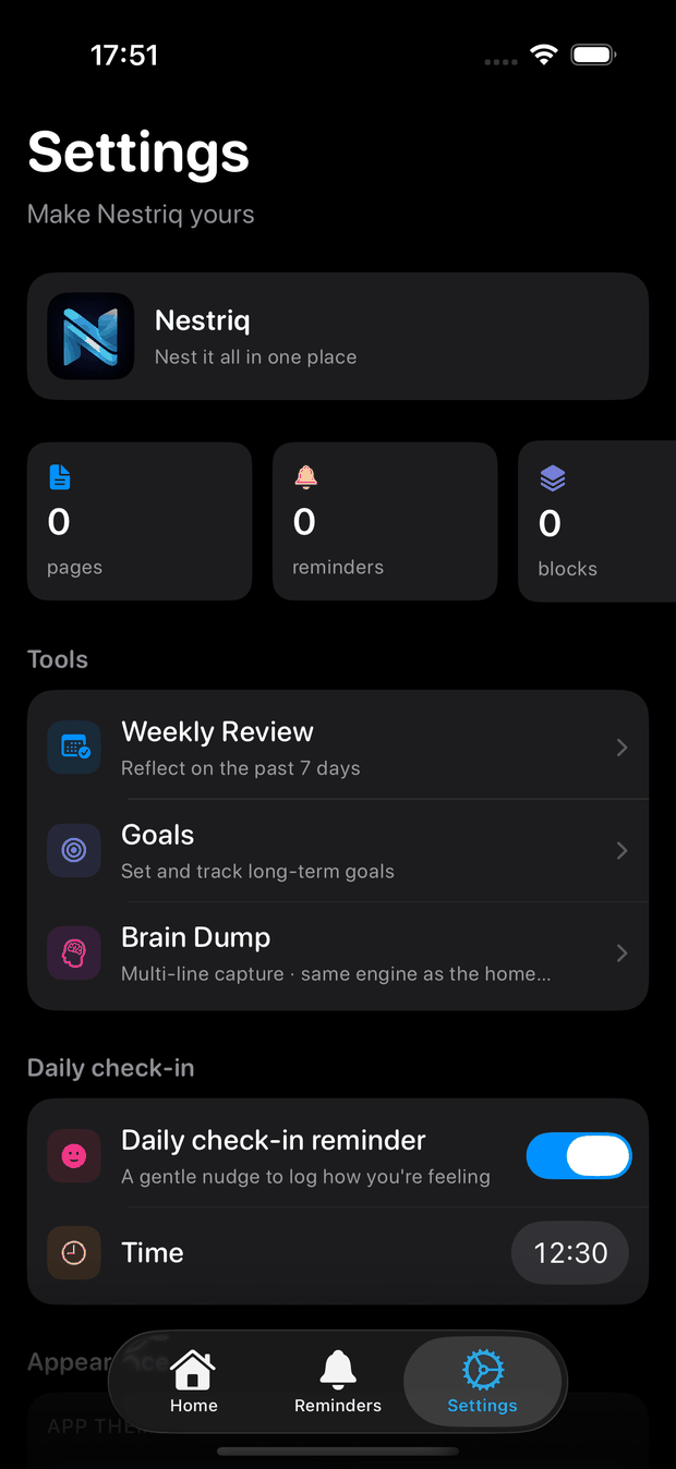 Settings screen