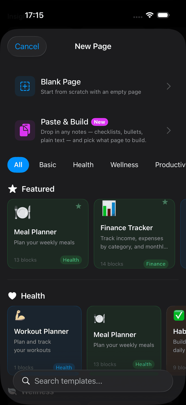 The template picker